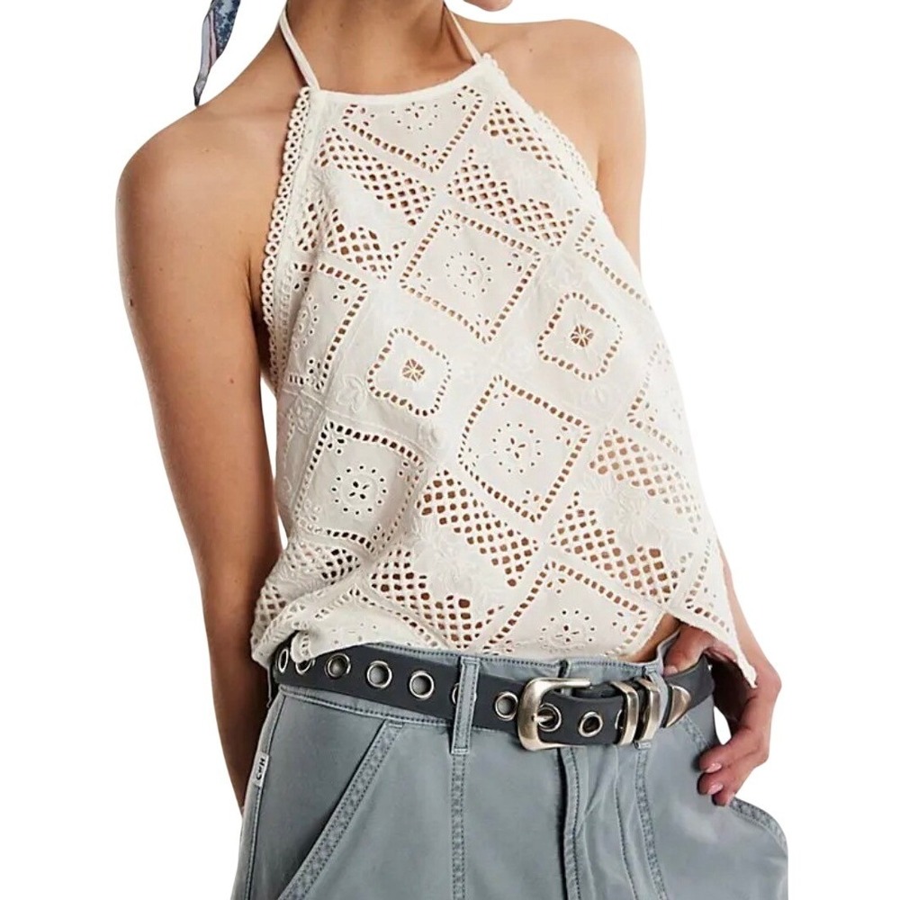 Roxy Cream Crochet Halter Tank Top